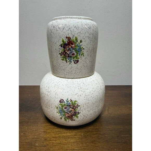 Vintage Bedside Tumble Up Water Decanter Floral Cream With Brown Speckled - Picture 1 of 7